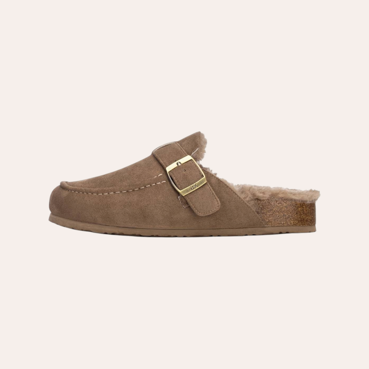 So and Ro - shoes and more - beige XTI instapsloffen met pluizige voering, goudkleurige gesp en kurken zool