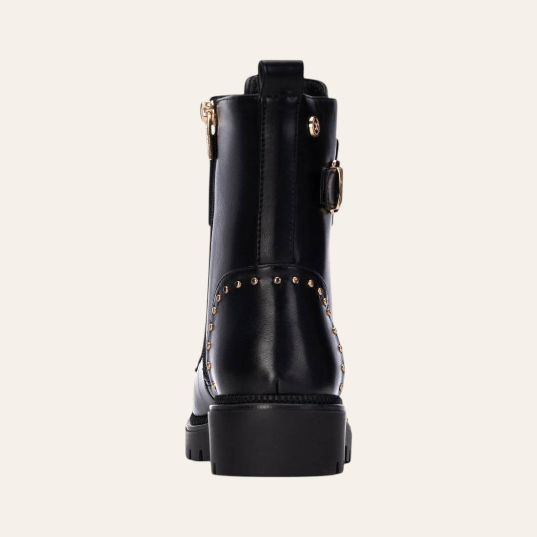 So and Ro - shoes and more - Barcabiker black faux leather biker boot with gold studs and buckle detail, back view