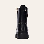 So and Ro - shoes and more - Barcabiker black faux leather biker boot with gold studs and buckle detail, back view