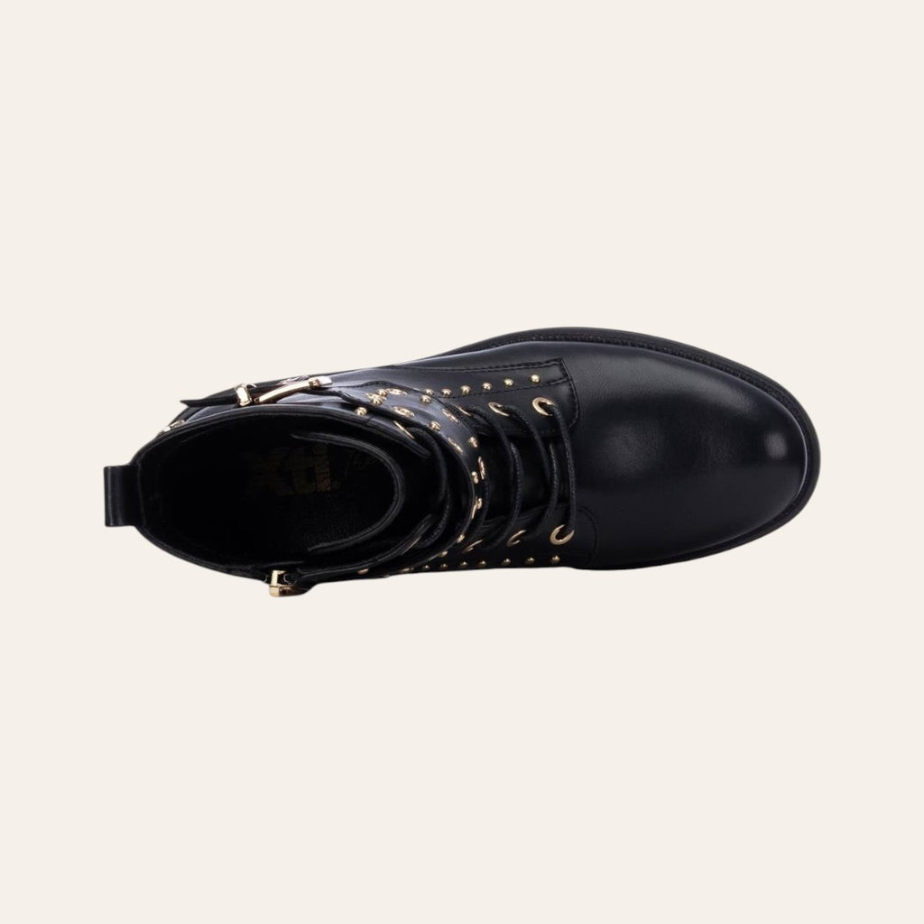 So and Ro - shoes and more - Barcabiker black faux leather biker boot with gold studs and lace-up top view