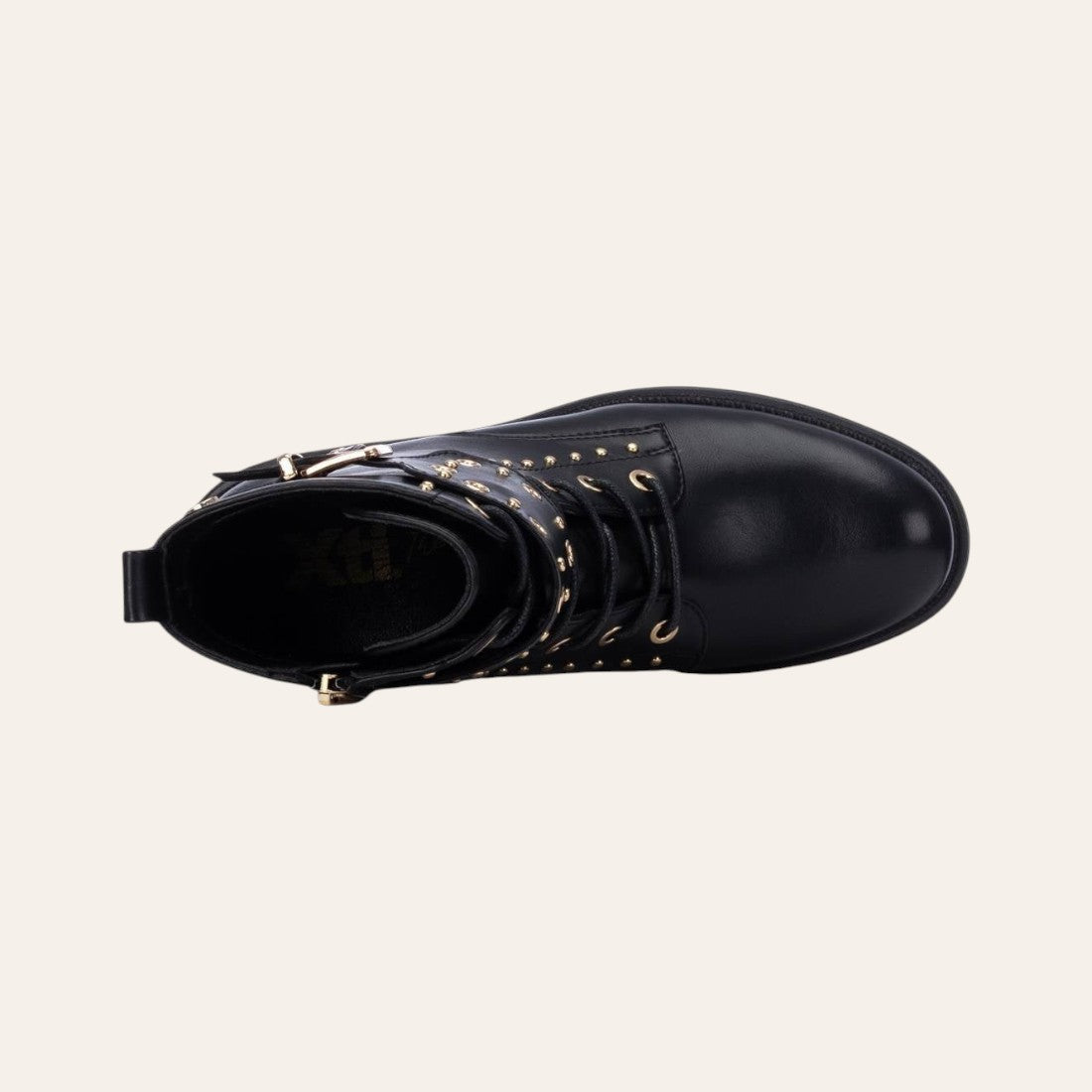So and Ro - shoes and more - Barcabiker black faux leather biker boot with gold studs and lace-up top view