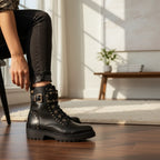 So and Ro - shoes and more - Barcabiker black faux leather biker boot with studs, buckles, and a chunky lug sole.