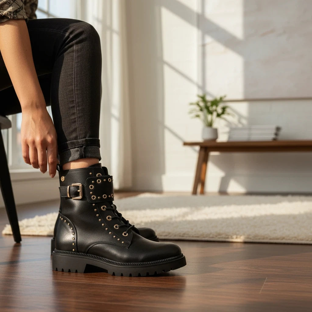 So and Ro - shoes and more - Barcabiker black faux leather biker boot with studs, buckles, and a chunky lug sole.