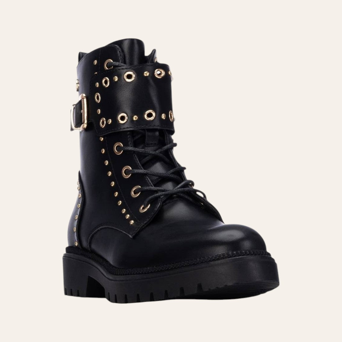 So and Ro - shoes and more - Barcabiker black faux leather biker boot with gold studs, buckle strap, and chunky sole