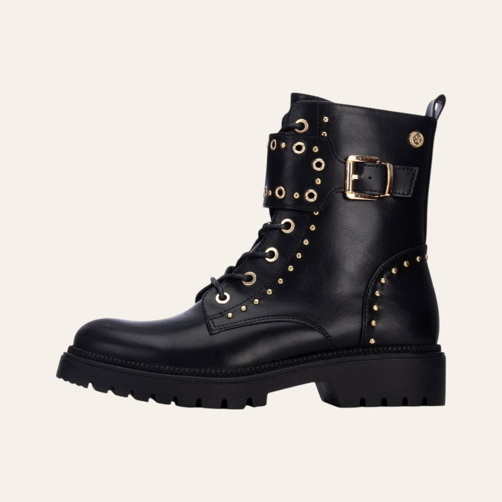 So and Ro - shoes and more - Barcabiker black faux leather biker boot with gold studs, buckle strap, and lug sole.