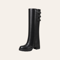 So and Ro - shoes and more - Josephine black faux leather high biker boots with buckles and chunky lug sole