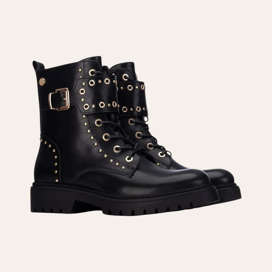 So and Ro - shoes and more - Barcabiker black faux leather biker boots with gold studs, buckle straps, and lug sole.