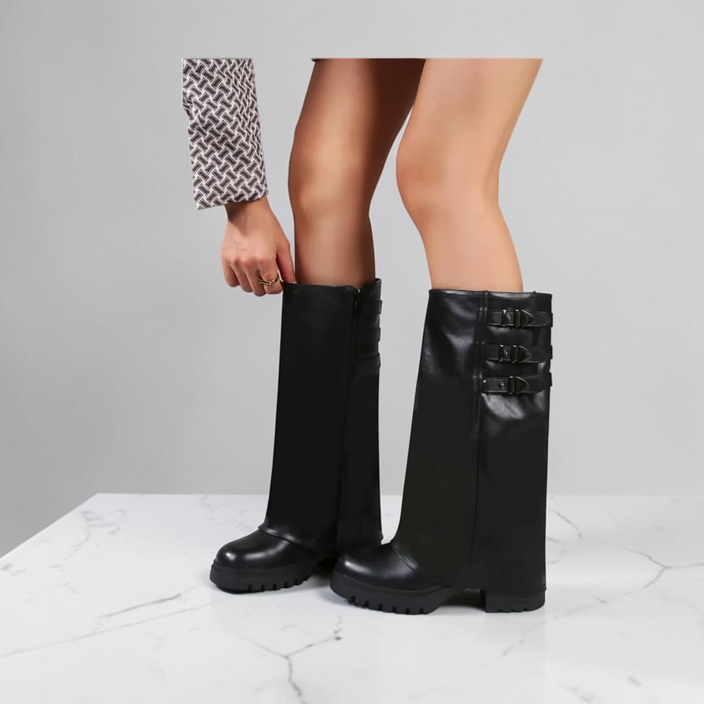 So and Ro - shoes and more - Josephine high black faux leather biker boots with buckle details and chunky lug sole