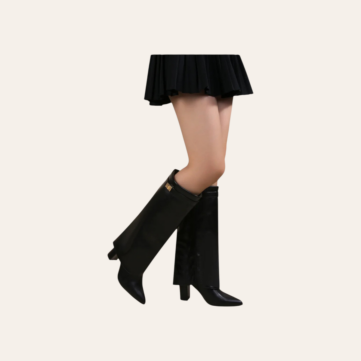 So and Ro - shoes and more - Sophia black faux leather high boots with pointed toe, block heel, and metal detail.