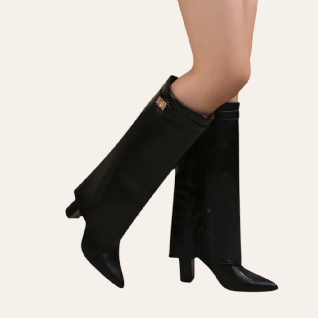 So and Ro - shoes and more - Sophia black faux leather high boots with pointed toe, block heel, and metal detail.