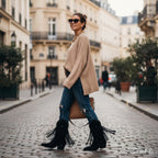 So and Ro - shoes and more - black microsuede western boots with fringe and rhinestones worn by a woman on a city street
