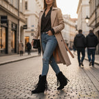 So and Ro - shoes and more - Fernanda black microsuede western boots with fringe and rhinestones on a city street