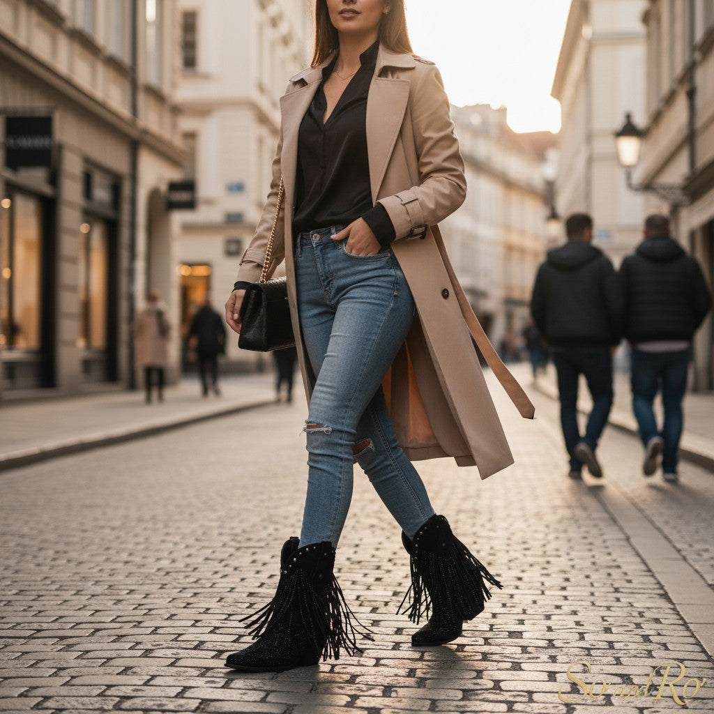 So and Ro - shoes and more - Fernanda black microsuede western boots with fringe and rhinestones on a city street