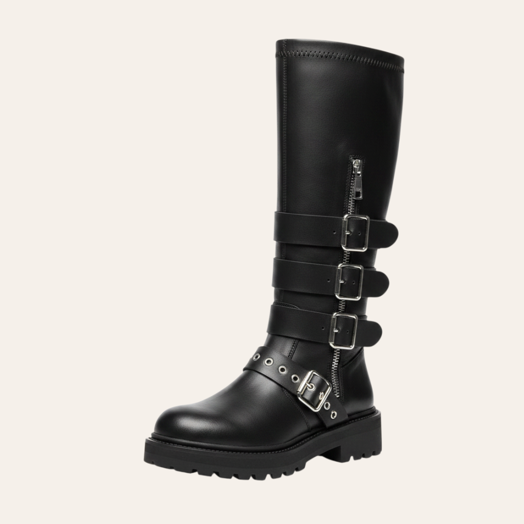 So and Ro - shoes and more - Celine black faux leather high biker boot with silver buckles and chunky lug sole