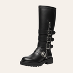 So and Ro - shoes and more - Celine black faux leather high biker boot with silver buckles and chunky lug sole