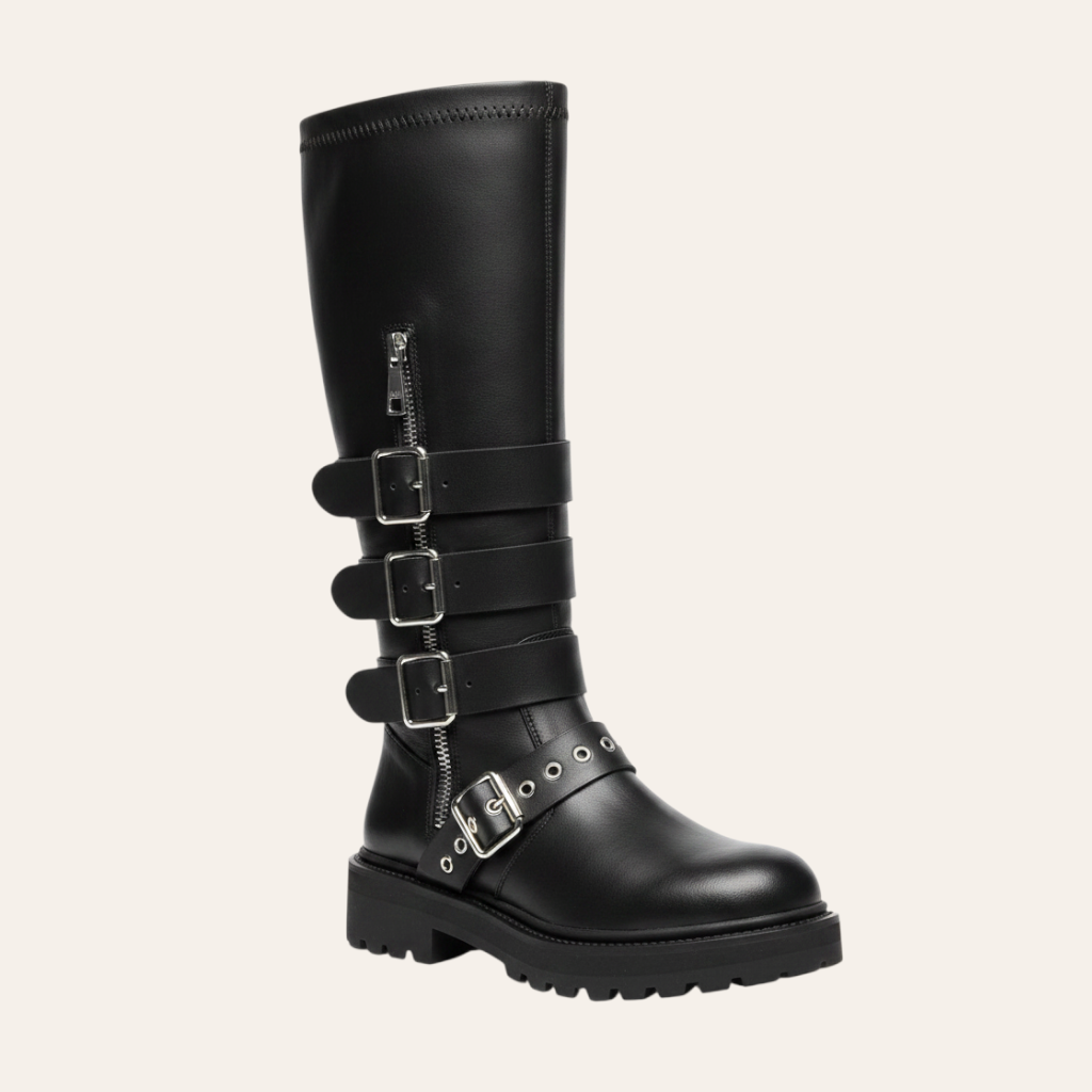 So and Ro - shoes and more - Celine black faux leather high biker boot with silver buckles and chunky lug sole