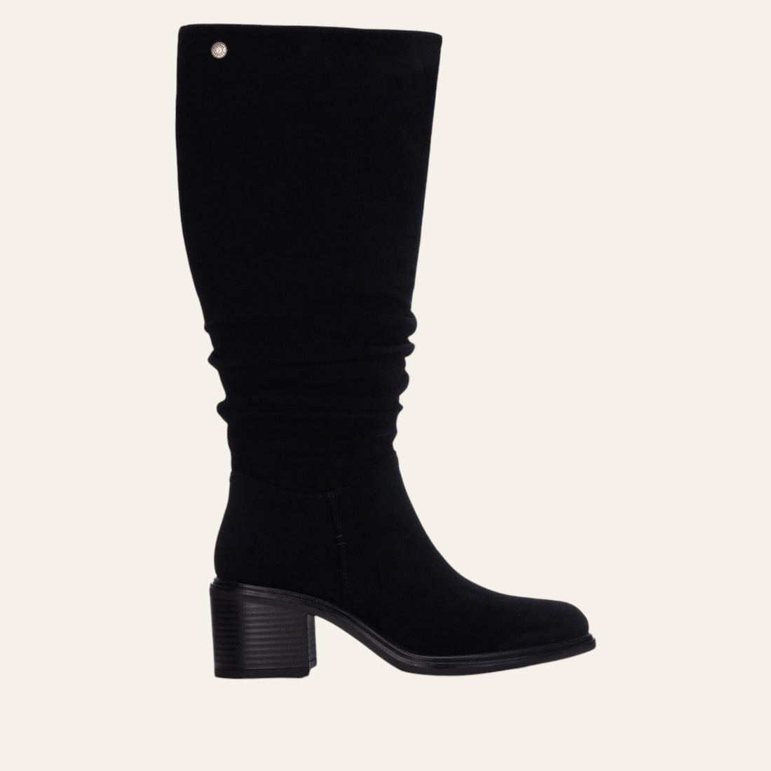 So and Ro - shoes and more - Amber black microsuede knee-high boots with a block heel and ruched detailing