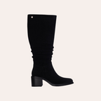 So and Ro - shoes and more - Amber black microsuede knee-high boots with a block heel and ruched detailing