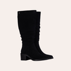 So and Ro - shoes and more - Amber black microsuede knee-high boots with a stacked block heel and ruched shaft
