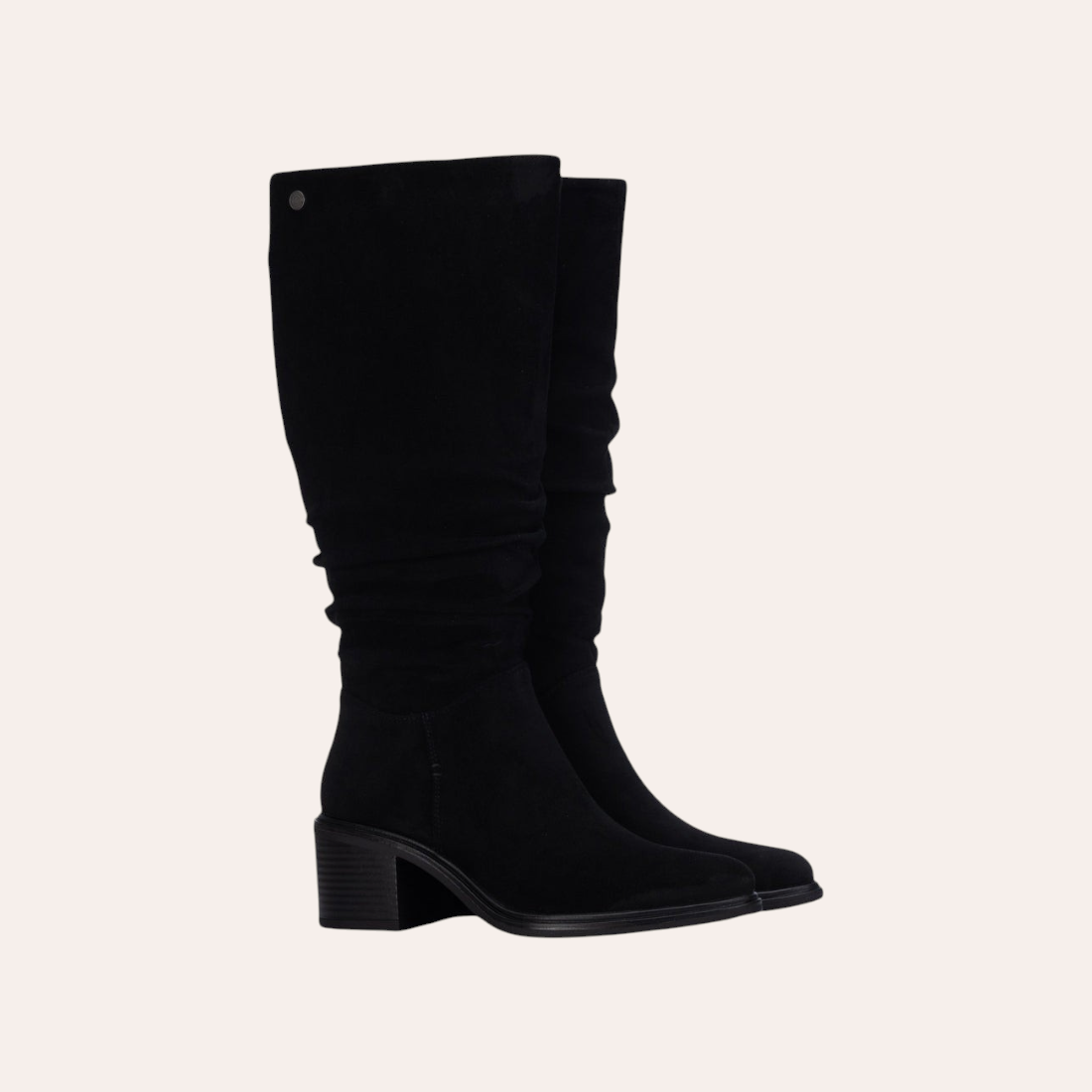 So and Ro - shoes and more - Amber black microsuede knee-high boots with a stacked block heel and ruched shaft