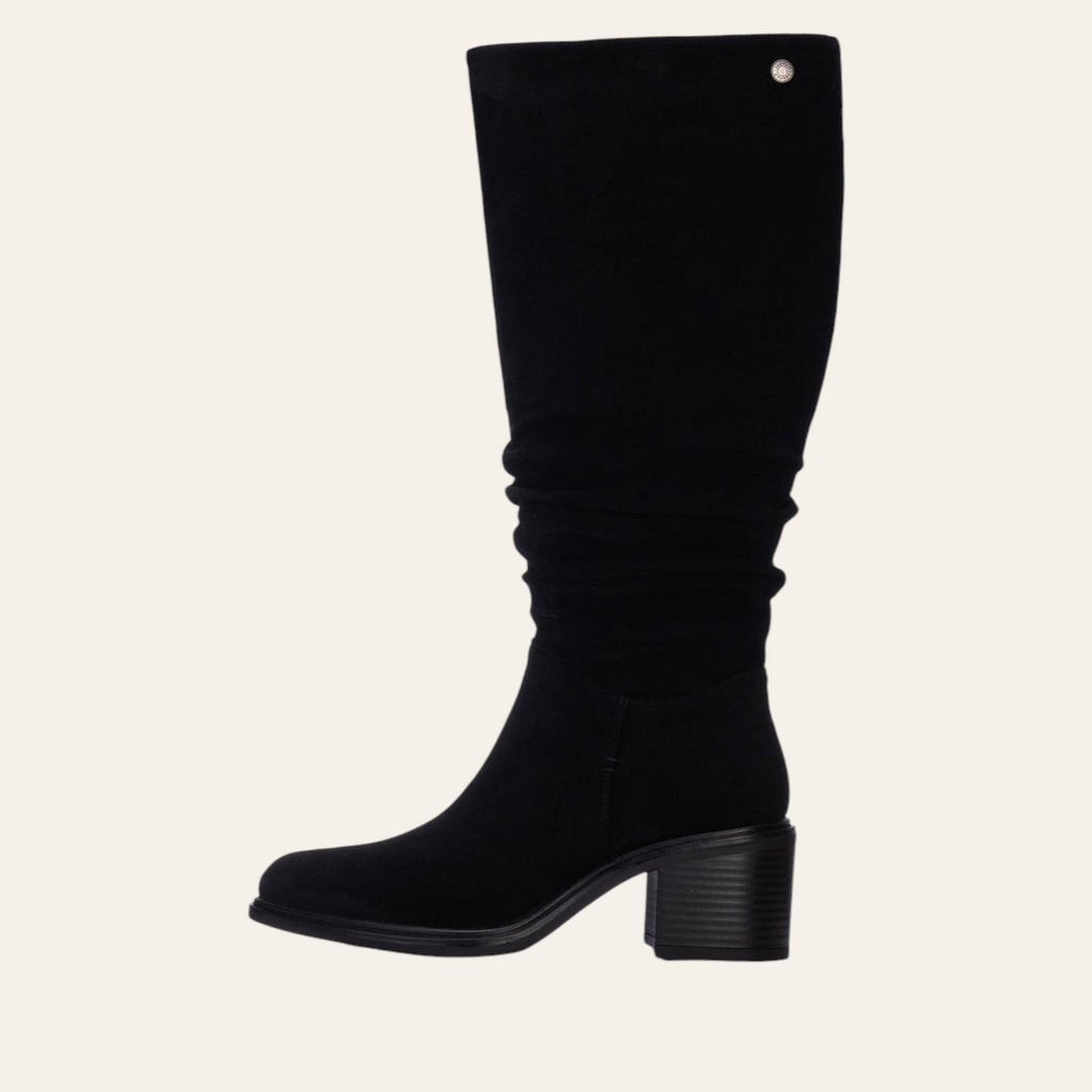 So and Ro - shoes and more - Amber black microsuede knee-high boots with a block heel and ruched shaft detail