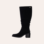 So and Ro - shoes and more - Amber black microsuede knee-high boots with a block heel and ruched shaft detail