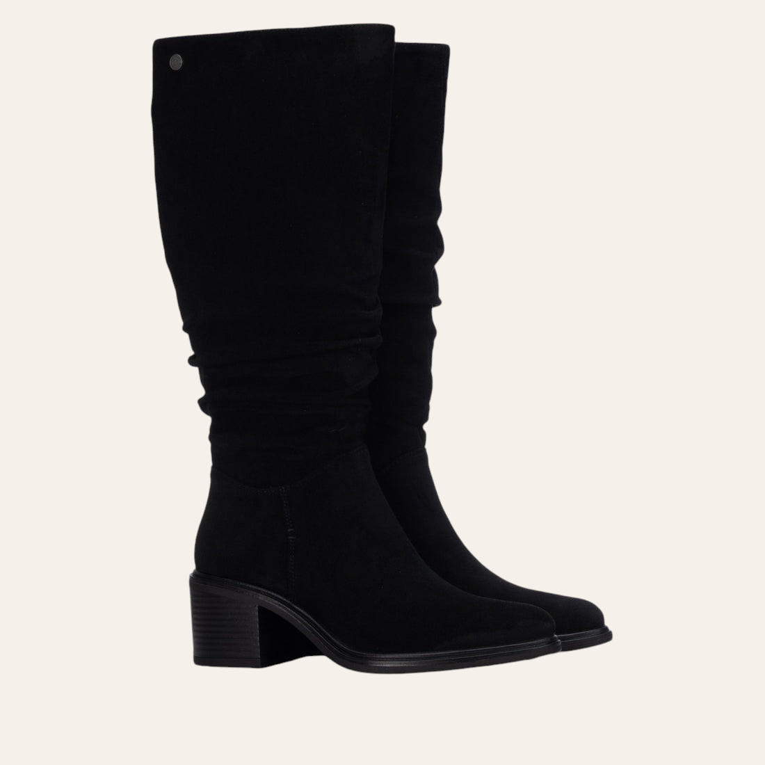 So and Ro - shoes and more - Amber black microsuede knee-high boots with a block heel and ruched shaft detail