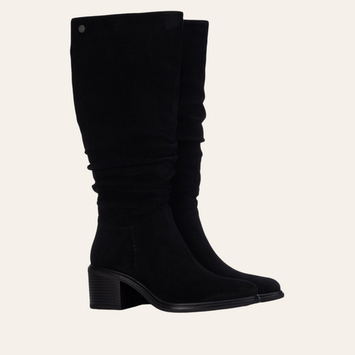 So and Ro - shoes and more - Amber black microsuede knee-high boots with a block heel and ruched shaft detail