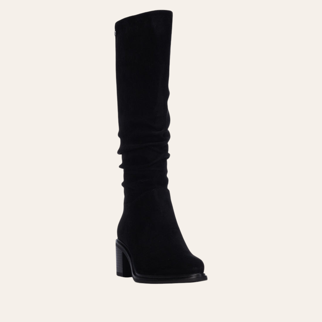So and Ro - shoes and more - Amber black microsuede knee-high boots with a block heel and slouchy shaft design.