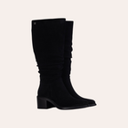 So and Ro - shoes and more - Amber black microsuede knee-high boots with a block heel and ruched shaft detail