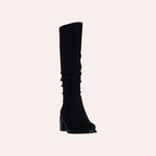 So and Ro - shoes and more - Amber black microsuede knee-high boots with a block heel and slouchy shaft design.