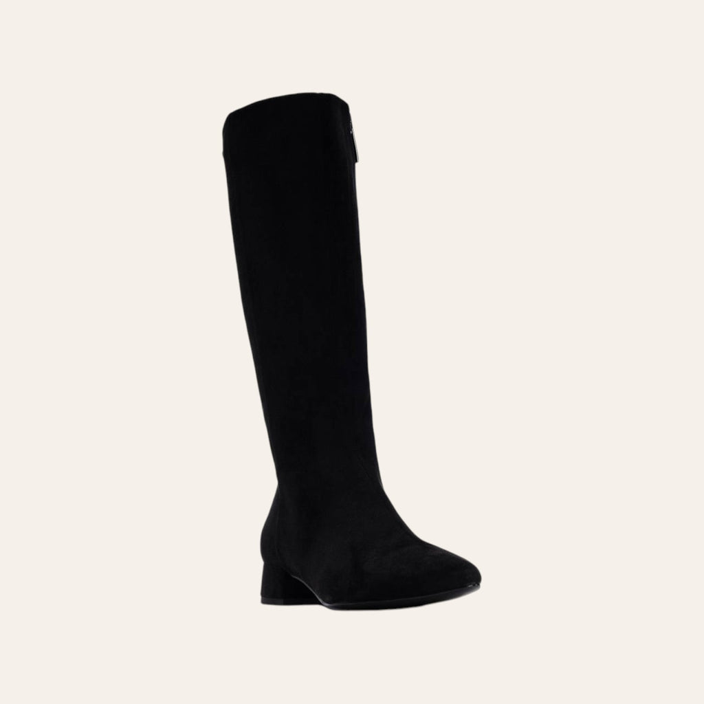 So and Ro - shoes and more - Sissy black microsuede stretch knee-high boots with a low block heel