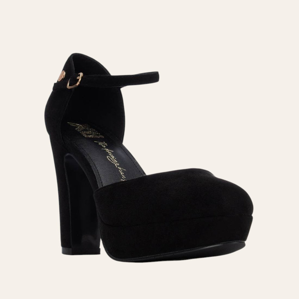 So and Ro - shoes and more - Ilke black microsuede plateau pump with a high block heel and ankle strap