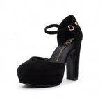 So and Ro - shoes and more - Ilke black microsuede plateau pump with a high block heel and ankle strap