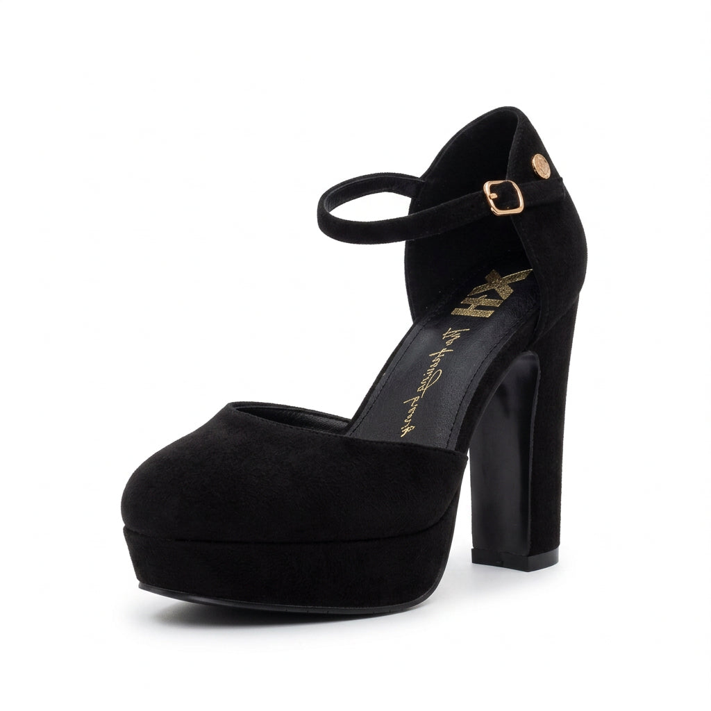So and Ro - shoes and more - Ilke black microsuede plateau pump with a high block heel and ankle strap