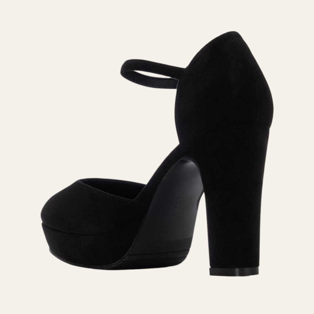 So and Ro - shoes and more - black microsuede Ilke plateau pump with ankle strap and high block heel, back view