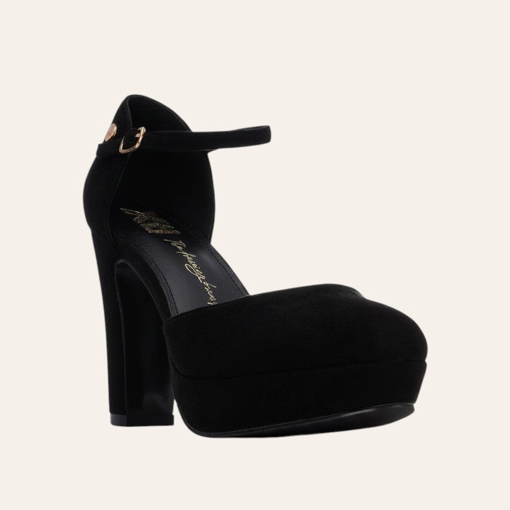 So and Ro - shoes and more - Ilke black microsuede platform pump with a high block heel and ankle strap