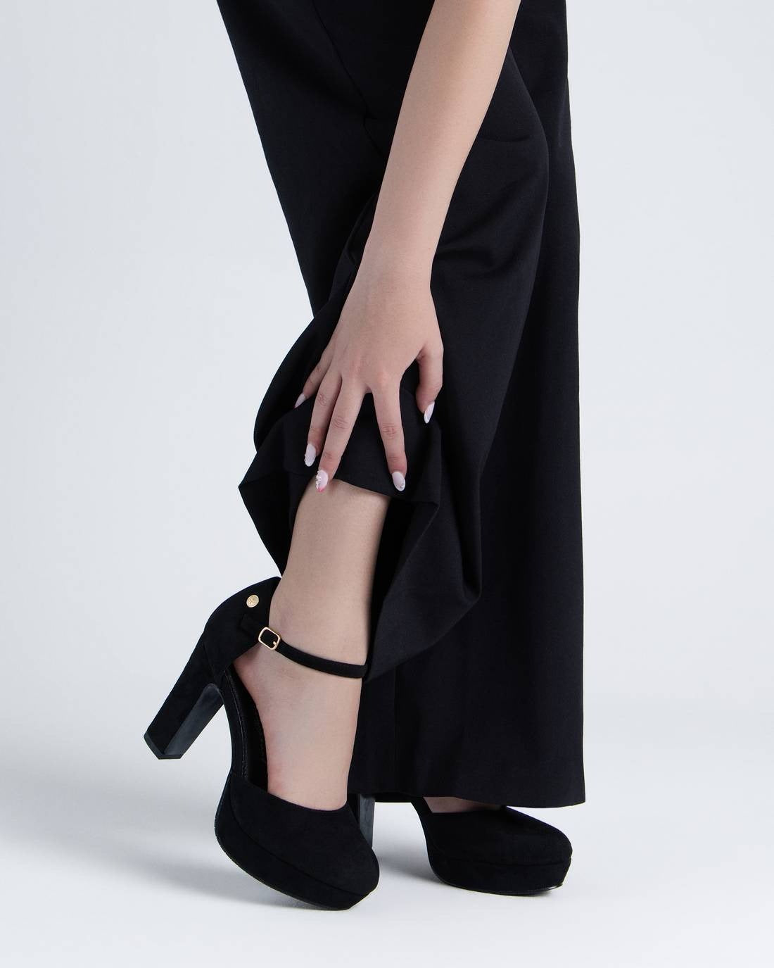 So and Ro - shoes and more - Ilke black microsuede plateau pump with block heel and ankle strap worn with trousers