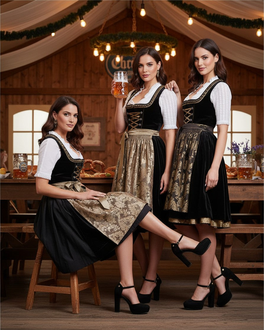 So and Ro - shoes and more - Ilke black microsuede plateau pumps with block heels and ankle straps worn with Dirndls.