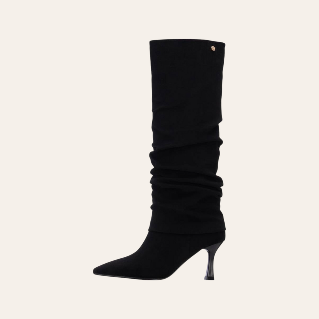So and Ro - shoes and more - Rebecca black microsuede slouchy knee-high boots with a pointed toe and kitten heel