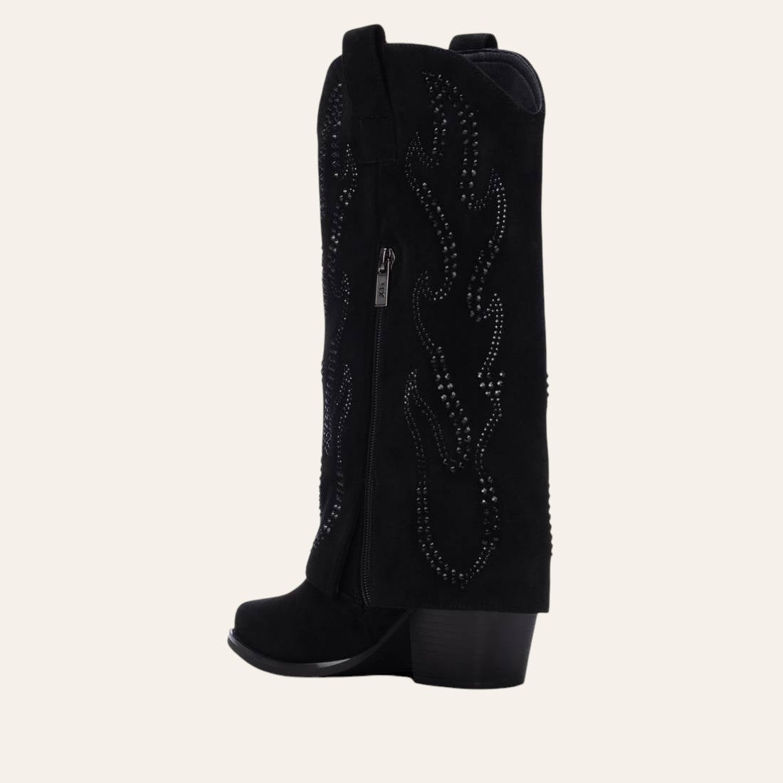 So and Ro - shoes and more - Tifa black microsuede western-style fold-over boot with decorative studs and block heel
