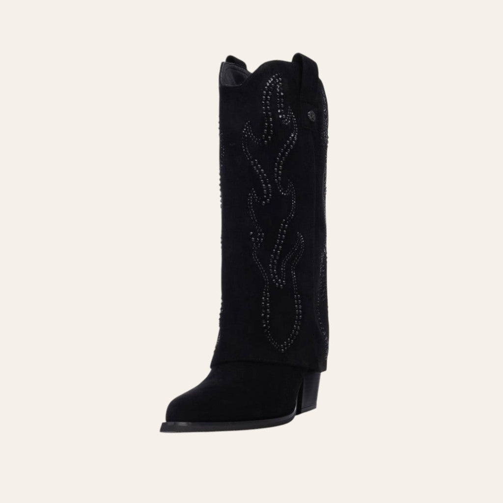 So and Ro - shoes and more - Tifa black microsuede western-style fold-over boot with decorative studs and block heel