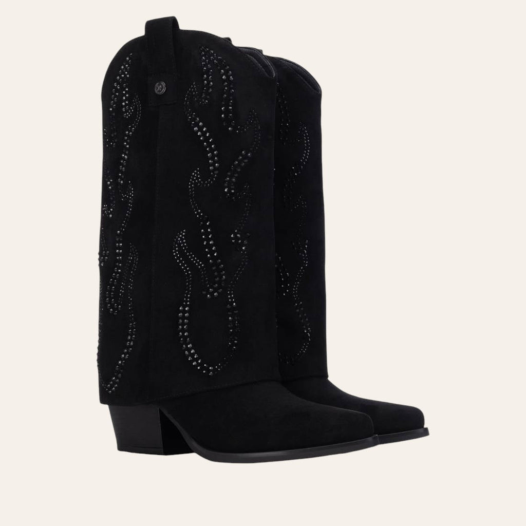 So and Ro - shoes and more - XTI Tifa black microsuede western boots with fold-over cuff and decorative studs