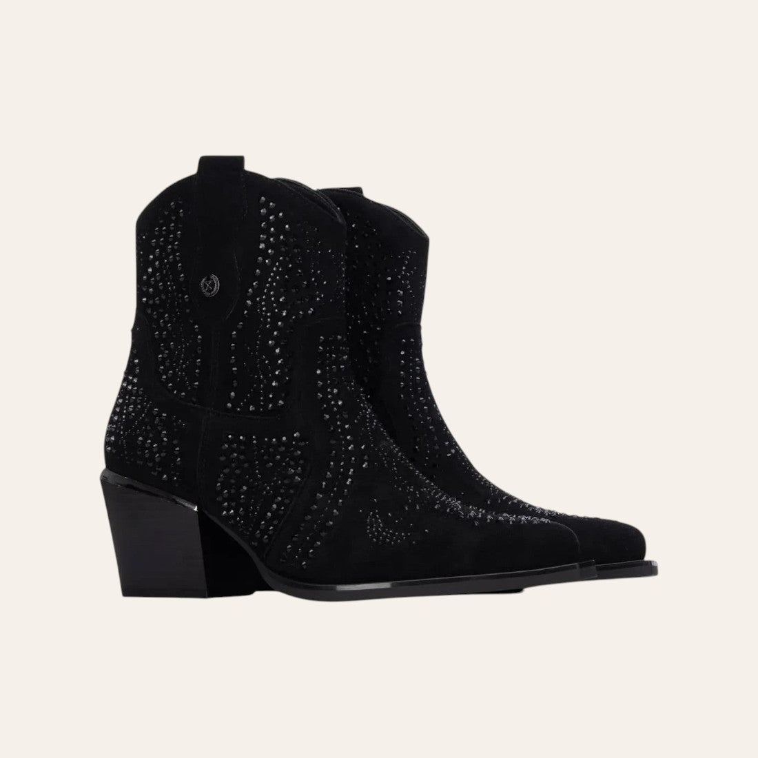 So and Ro - shoes and more - Sarah black microsuede western ankle boots with decorative studs and a block heel