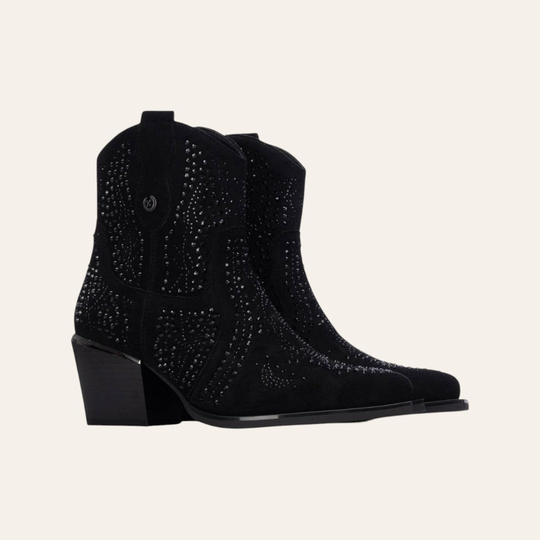 So and Ro - shoes and more - Sarah black microsuede western ankle boots with decorative studs and a sturdy block heel.