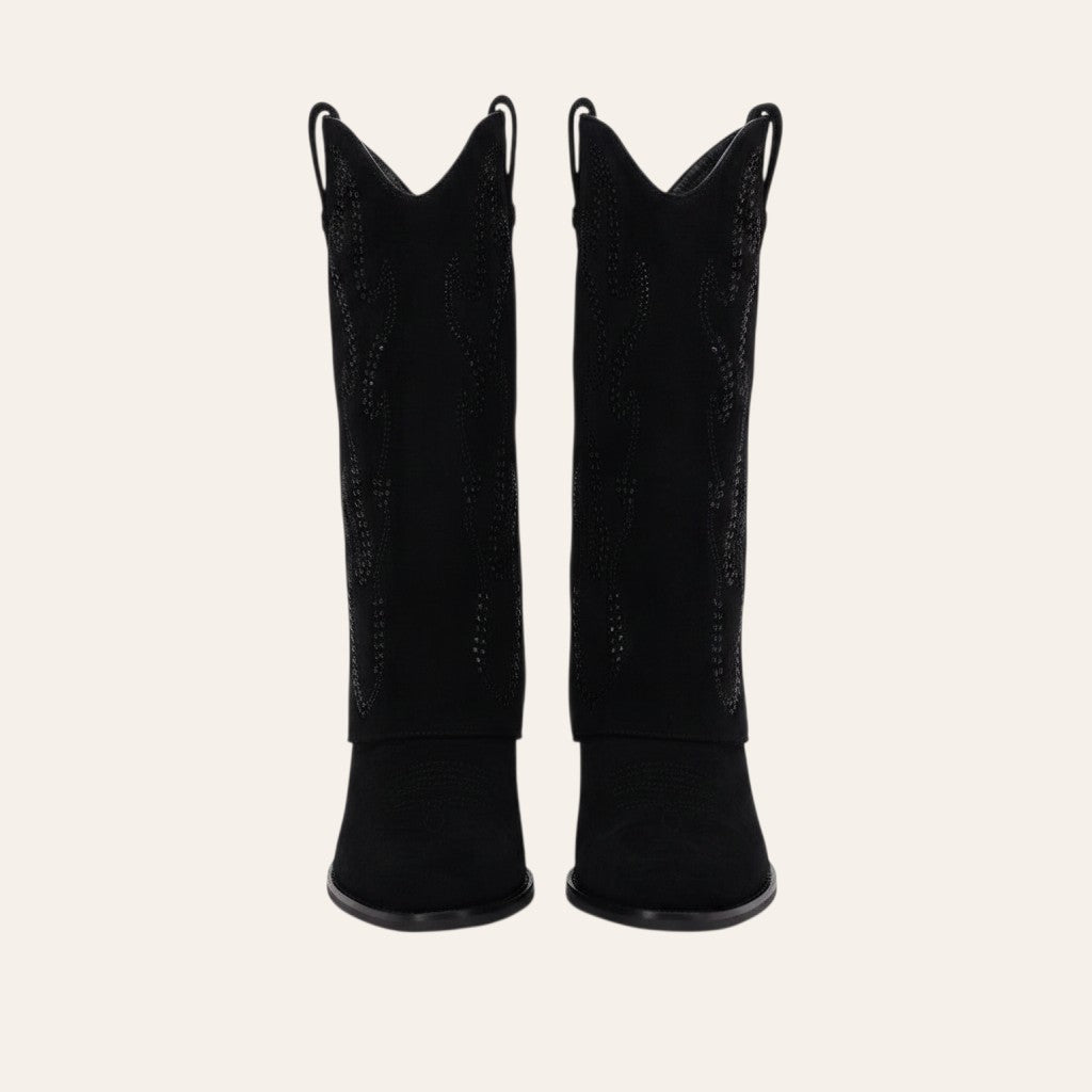 So and Ro - shoes and more - Tifa black microsuede western boots with fold-over cuff, pointed toe, and stud details.