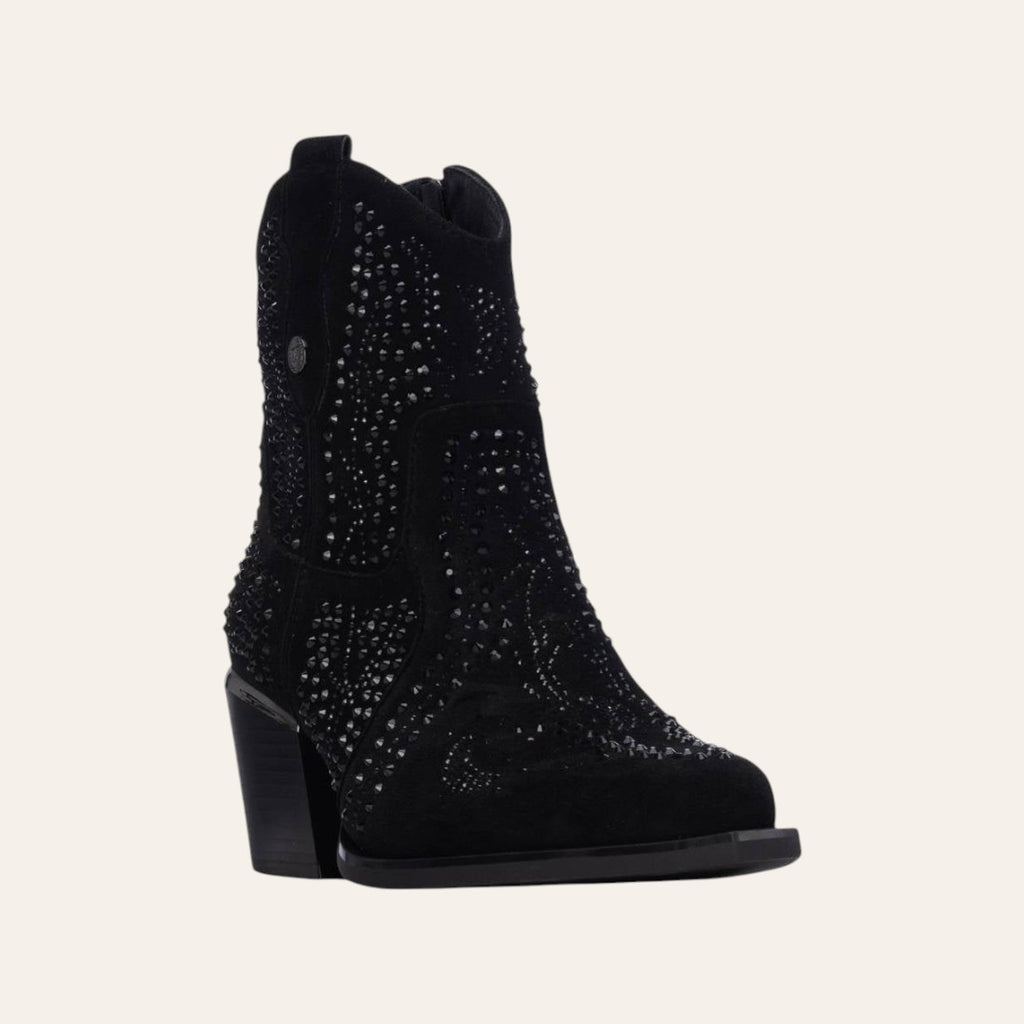 So and Ro - shoes and more - Sarah black microsuede western ankle boots with decorative stud detailing