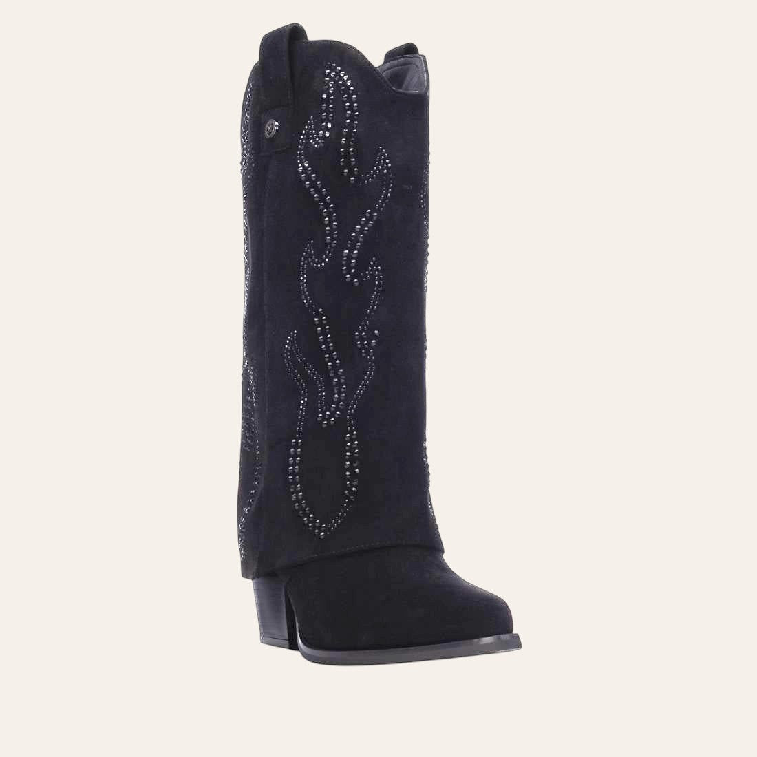 So and Ro - shoes and more - Tifa black microsuede western-style fold-over boots with decorative studs and block heel