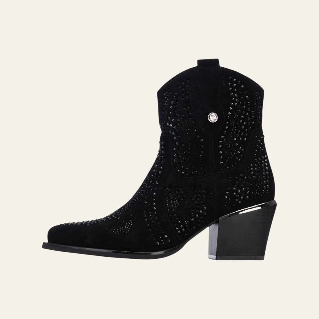 So and Ro - shoes and more - Sarah black microsuede western ankle boots with decorative studs and a block heel