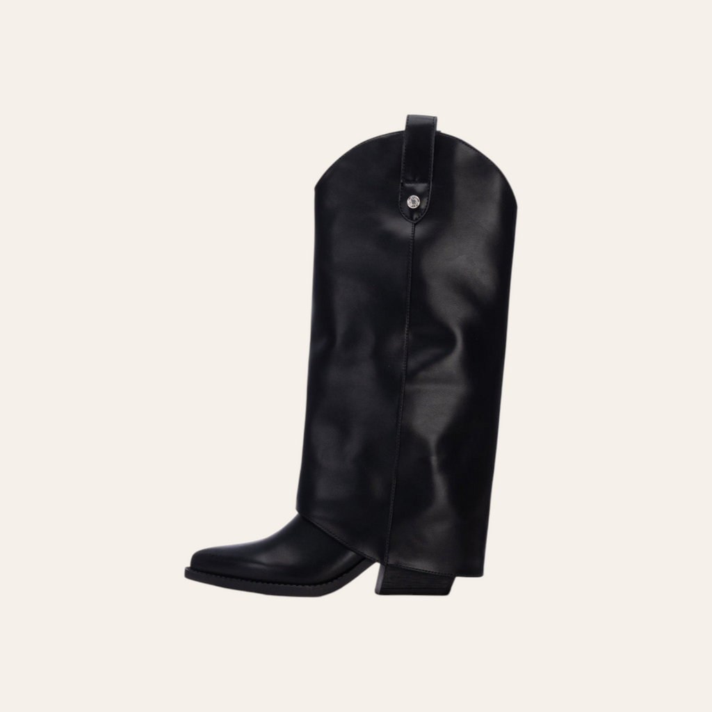 So and Ro - shoes and more - Stella black faux leather western-style tall fold-over boots with a block heel